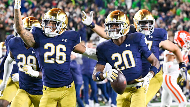 Notre Dame cornerback Benjamin Morrison celebrates an interception against Clemson in 2022