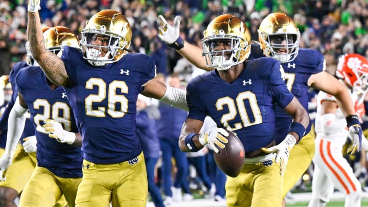 Nov 5, 2022; South Bend, Indiana, USA; Notre Dame Fighting Irish cornerback Benjamin Morrison (20) celebrates after a third quarter interception against the Clemson Tigers at Notre Dame Stadium. Mandatory Credit: Matt Cashore-USA TODAY Sports