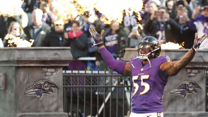 Jan 6, 2019; Baltimore, MD, USA; Baltimore Ravens outside linebacker Terrell Suggs (55) is introduced prior to the Ravens' game against the Los Angeles Chargers in a AFC Wild Card playoff football game at M&T Bank Stadium. The Chargers won 23-17. Mandatory Credit: Geoff Burke-USA TODAY Sports