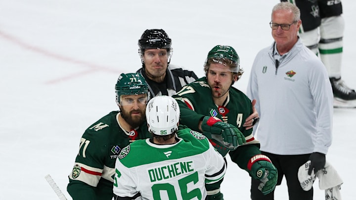 Apr 22, 2026; Saint Paul, Minnesota, USA; Minnesota Wild left wing Marcus Foligno (17) and Dallas Stars center Matt Duchene (95) exchange words during the second period in game three of the first round of the 2026 Stanley Cup Playoffs at Grand Casino Arena. Mandatory Credit: Matt Krohn-Imagn Images