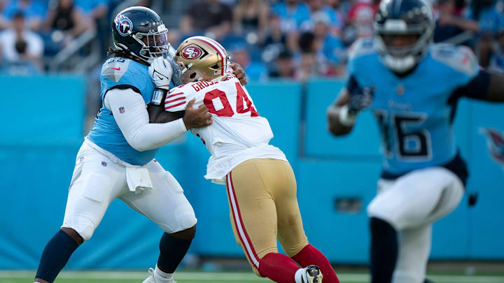 Tennessee Titans offensive tackle JC Latham (55) takes on San Francisco 49ers defensive end Yetur Gross-Matos (94) to give quarterback Will Levis (8) time to throw during their first preseason game of the 2024-25 season at Nissan Stadium Saturday, Aug. 10, 2024.