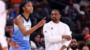 Aug 28, 2025; Phoenix, Arizona, USA; Chicago Sky forward Angel Reese (5) and head coach Tyler Marsh against the Phoenix Mercury at Phx Arena. Mandatory Credit: Mark J. Rebilas-Imagn Images