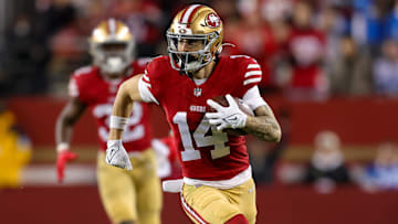 Dec 30, 2024; Santa Clara, California, USA; San Francisco 49ers wide receiver Ricky Pearsall (14) during the game against the Detroit Lions at Levi's Stadium. Mandatory Credit: Sergio Estrada-Imagn Images