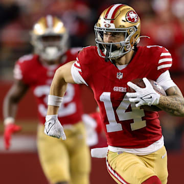 Dec 30, 2024; Santa Clara, California, USA; San Francisco 49ers wide receiver Ricky Pearsall (14) during the game against the Detroit Lions at Levi's Stadium. Mandatory Credit: Sergio Estrada-Imagn Images