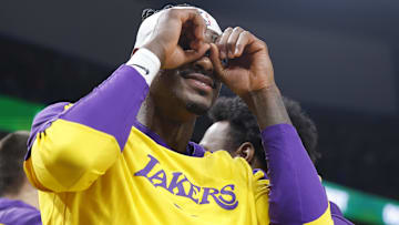 Los Angeles Lakers forward Jarred Vanderbilt (2) gestures after his team scores against the Oklahoma City Thunder during the second quarter at Paycom Center.