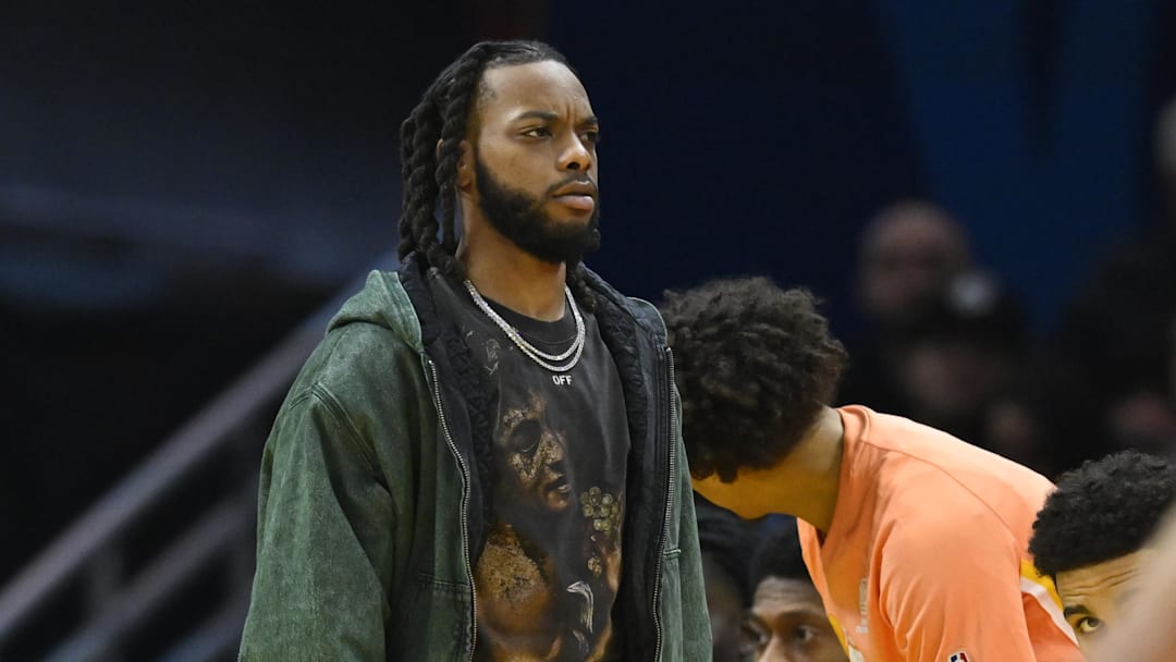 Jan 26, 2026; Cleveland, Ohio, USA; Cleveland Cavaliers guard Darius Garland (10) stands on the court during a timeout in the third quarter against the Orlando Magic at Rocket Arena. Mandatory Credit: David Richard-Imagn Images