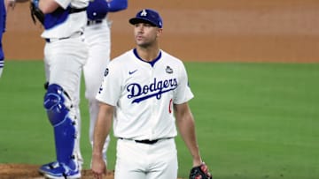 Oct 25, 2024; Los Angeles, California, USA; Los Angeles Dodgers pitcher Jack Flaherty (0) walks to the dugout in the sixth inning against the New York Yankees during game one of the 2024 MLB World Series at Dodger Stadium. Mandatory Credit: Kiyoshi Mio-Imagn Images
