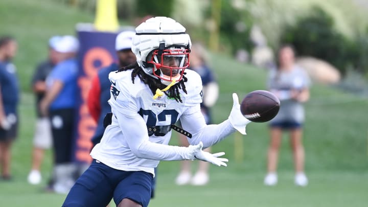 Aug 03, 2024; Foxborough, MA, USA; New England Patriots wide receiver JaQuae Jackson (82) makes a catch during training camp at Gillette Stadium. Mandatory Credit: Eric Canha-USA TODAY Sports