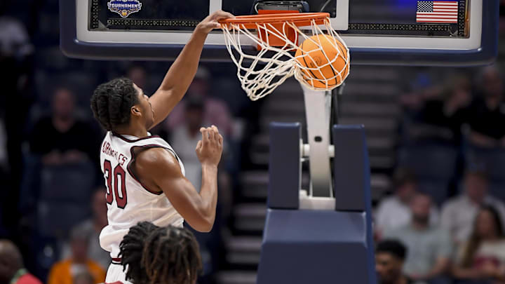 South Carolina basketball star Collin Murray-Boyles throwing down a dunk against Arkansas in the SEC Tournament last season