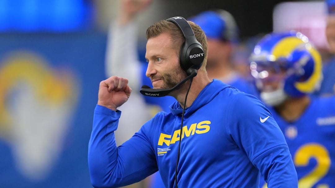 Jan 4, 2026; Inglewood, California, USA;  Los Angeles Rams head coach Sean McVay reacts after a touchdown against the Arizona Cardinals during the second half at SoFi Stadium. Mandatory Credit: Jayne Kamin-Oncea-Imagn Images