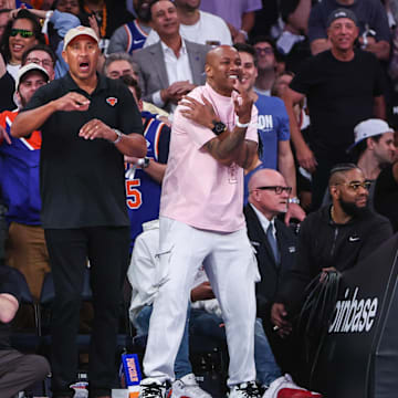 May 8, 2024; New York, New York, USA; Former NBA players Amar’e Stoudemare (l), John Starks (c) and Stephon Marbury (r) during game two of the second round for the 2024 NBA playoffs at Madison Square Garden. Mandatory Credit: Wendell Cruz-Imagn Images