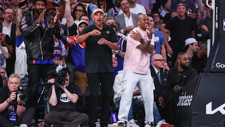 May 8, 2024; New York, New York, USA; Former NBA players Amar’e Stoudemare (l), John Starks (c) and Stephon Marbury (r) during game two of the second round for the 2024 NBA playoffs at Madison Square Garden. Mandatory Credit: Wendell Cruz-Imagn Images