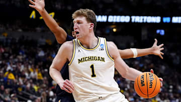 March 20, 2025; Denver, CO, USA; Michigan Wolverines center Danny Wolf (1) controls the ball against the UC San Diego Tritons during the first half at Ball Arena. Mandatory Credit: Ron Chenoy-Imagn Images
