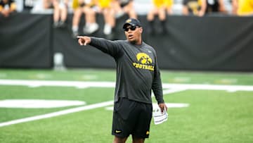 Iowa running backs coach Ladell Betts calls out instructions during the Kids Day at Kinnick NCAA football practice, Saturday, Aug. 13, 2022, at Kinnick Stadium in Iowa City, Iowa.

220813 Ia Kids Day Fb 045 Jpg
