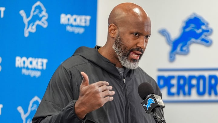 Detroit Lions Executive Vice President & General Manager Brad Holmes speaks to the press about their season, how it ended and what’s next at the Detroit Lions headquarters and training facility in Allen Park, Mich., Thursday, Jan. 23, 2025.