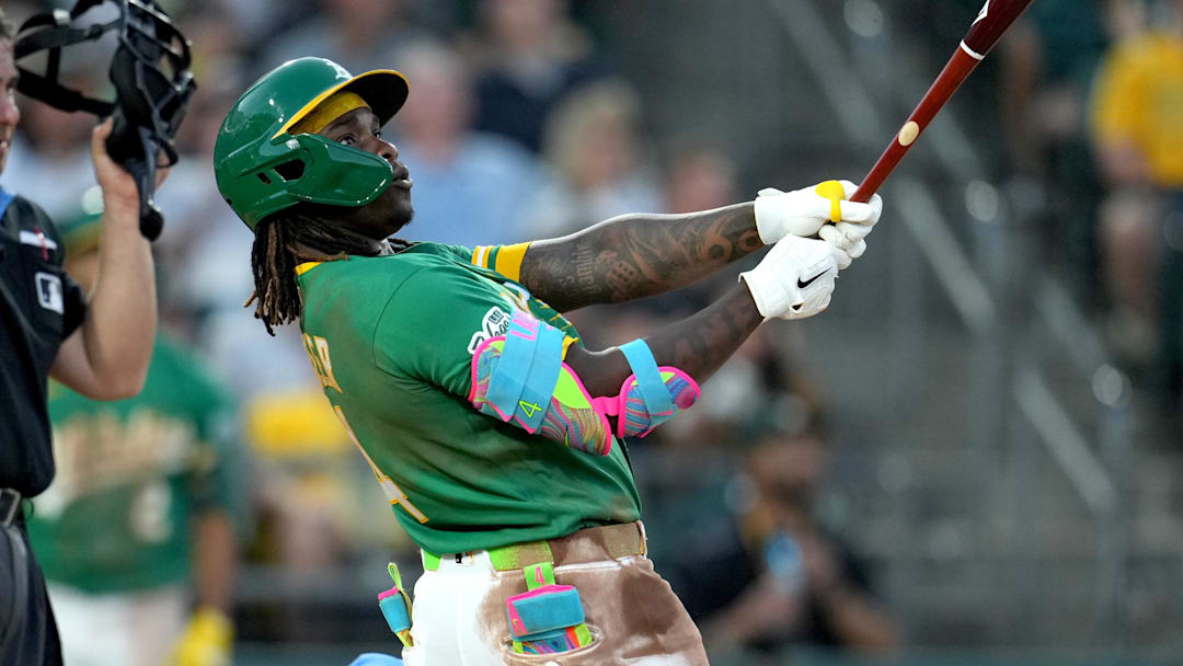 Apr 29, 2026; West Sacramento, California, USA; Athletics outfielder Lawrence Butler (4) reacts after hitting a three-run home run against the Kansas City Royals in the fourth inning at Sutter Health Park. Mandatory Credit: Cary Edmondson-Imagn Images