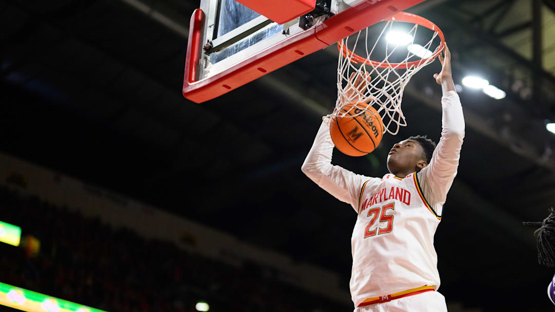 Mar 8, 2025; College Park, Maryland, USA; Maryland Terrapins center Derik Queen (25) dunks the ball during the second half against the Northwestern Wildcats at Xfinity Center. Mandatory Credit: Reggie Hildred-Imagn Images Mar 8, 2025; College Park, Maryland, USA; Maryland Terrapins center Derik Queen (25) dunks the ball during the second half against the Northwestern Wildcats at Xfinity Center. Mandatory Credit: Reggie Hildred-Imagn Images