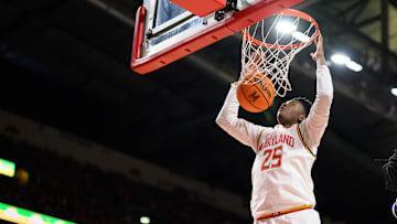 Mar 8, 2025; College Park, Maryland, USA; Maryland Terrapins center Derik Queen (25) dunks the ball during the second half against the Northwestern Wildcats at Xfinity Center. Mandatory Credit: Reggie Hildred-Imagn Images
