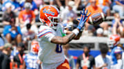 Apr 12, 2025; Gainesville, FL, USA; Florida Gators wide receiver Naeshaun Montgomery (0) catches a pass before the game at Ben Hill Griffin Stadium. Mandatory Credit: Matt Pendleton-Imagn Images