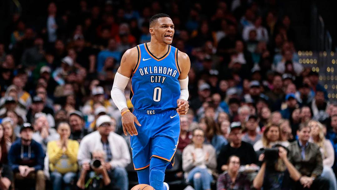 Nov 9, 2017; Denver, CO, USA; Oklahoma City Thunder guard Russell Westbrook (0) controls the ball in the fourth quarter against the Denver Nuggets at the Pepsi Center. Mandatory Credit: Isaiah J. Downing-USA TODAY Sports Nov 9, 2017; Denver, CO, USA; Oklahoma City Thunder guard Russell Westbrook (0) controls the ball in the fourth quarter against the Denver Nuggets at the Pepsi Center. Mandatory Credit: Isaiah J. Downing-USA TODAY Sports