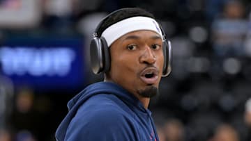 Oct 24, 2025; Inglewood, California, USA; Los Angeles Clippers guard Bradley Beal (0) warms up prior to the game against the Phoenix Suns at Intuit Dome. Mandatory Credit: Jayne Kamin-Oncea-Imagn Images