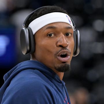 Oct 24, 2025; Inglewood, California, USA; Los Angeles Clippers guard Bradley Beal (0) warms up prior to the game against the Phoenix Suns at Intuit Dome. Mandatory Credit: Jayne Kamin-Oncea-Imagn Images