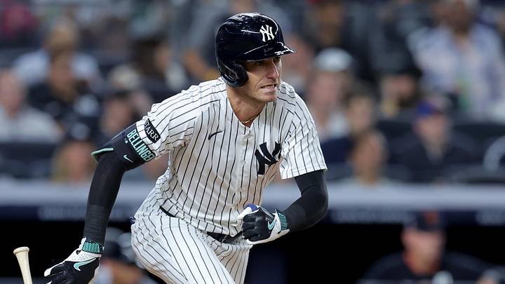 Sep 11, 2025; Bronx, New York, USA; New York Yankees center fielder Cody Bellinger (35) follows through on an RBI single against the Detroit Tigers during the fourth inning at Yankee Stadium.