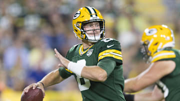 Aug 9, 2018; Green Bay, WI, USA; Green Bay Packers quarterback Tim Boyle (8) throws a pass during the third quarter against the Tennessee Titans at Lambeau Field. Mandatory Credit: Jeff Hanisch-Imagn Images