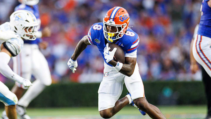 Aug 30, 2025; Gainesville, Florida, USA; Florida Gators wide receiver Vernell Brown III (8) runs with the ball against the Long Island Sharks during the first half at Ben Hill Griffin Stadium. Mandatory Credit: Matt Pendleton-Imagn Images