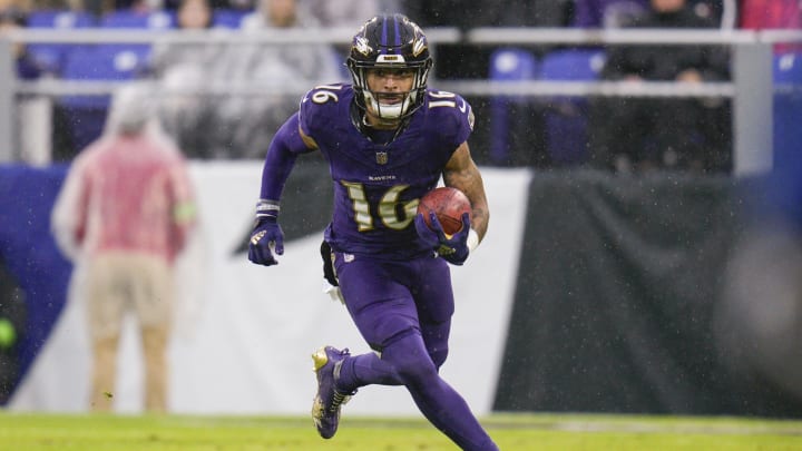 Dec 10, 2023; Baltimore, Maryland, USA;  Baltimore Ravens wide receiver Tylan Wallace (16) runs with the ball during the second half against the Los Angeles Rams at M&T Bank Stadium. Mandatory Credit: Jessica Rapfogel-USA TODAY Sports