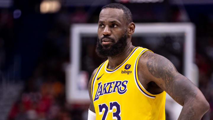 Apr 16, 2024; New Orleans, Louisiana, USA; Los Angeles Lakers forward LeBron James (23) looks on against the New Orleans Pelicans during the second half of a play-in game of the 2024 NBA playoffs at Smoothie King Center. Mandatory Credit: Stephen Lew-USA TODAY Sports