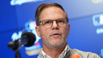 Oct 24, 2025; Toronto, Ontario, CAN; Toronto Blue Jays executive vice president and general manager Ross Atkins speaks to the media before game one of the 2025 MLB World Series against the Los Angeles Dodgers at Rogers Centre. 