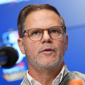 Oct 24, 2025; Toronto, Ontario, CAN; Toronto Blue Jays executive vice president and general manager Ross Atkins speaks to the media before game one of the 2025 MLB World Series against the Los Angeles Dodgers at Rogers Centre. 