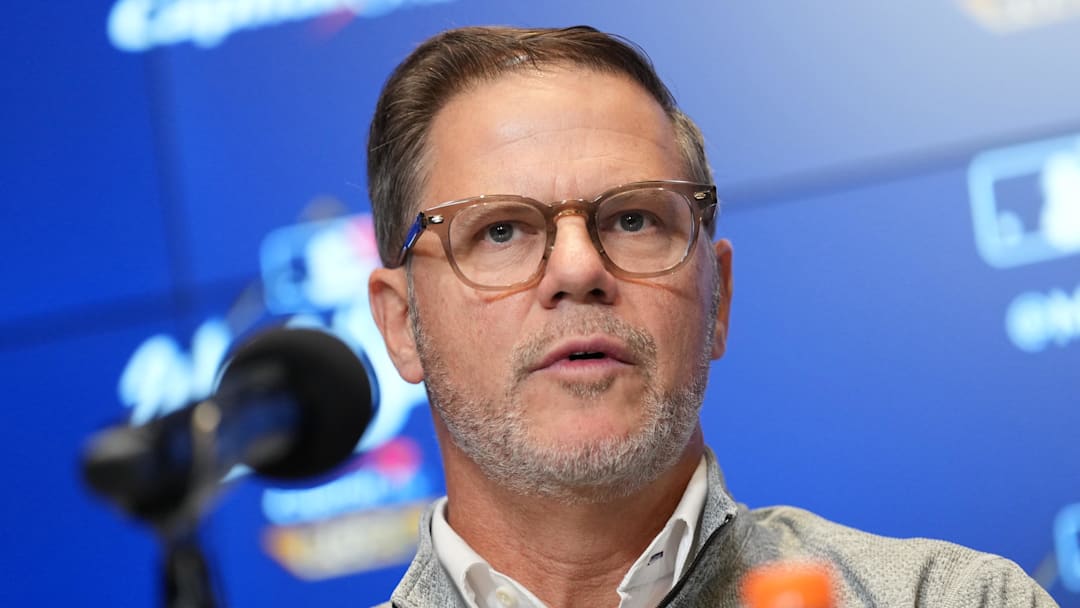 Oct 24, 2025; Toronto, Ontario, CAN; Toronto Blue Jays executive vice president and general manager Ross Atkins speaks to the media before game one of the 2025 MLB World Series against the Los Angeles Dodgers at Rogers Centre. 