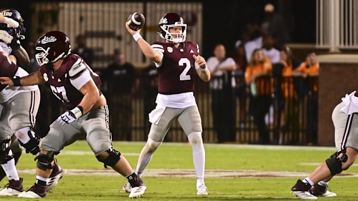 Sep 14, 2024; Starkville, Mississippi, USA; Mississippi State Bulldogs quarterback Blake Shapen (2) makes a pass against the Toledo Rockets during the fourth quarter at Davis Wade Stadium at Scott Field. Mandatory Credit: Matt Bush-Imagn Images