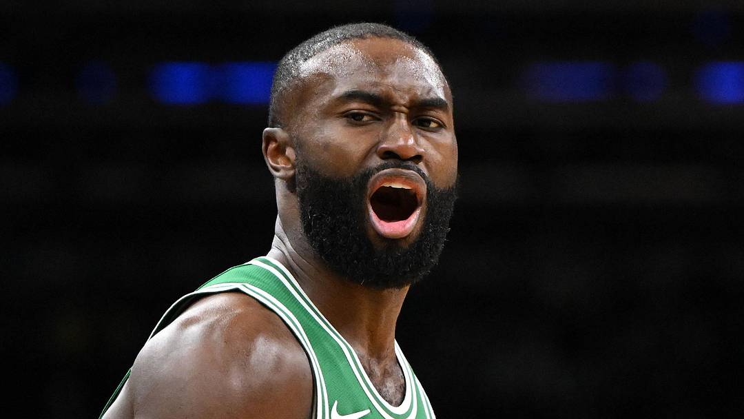 Dec 2, 2025; Boston, Massachusetts, USA; Boston Celtics guard Jaylen Brown (7) reacts after scoring against the New York Knicks during the second half at the TD Garden. Mandatory Credit: Brian Fluharty-Imagn Images
