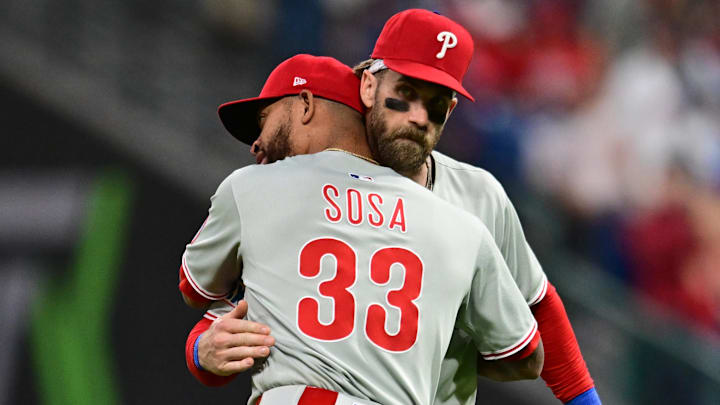 May 10, 2025; Cleveland, Ohio, USA; Philadelphia Phillies third baseman Edmundo Sosa (33) celebrates with first baseman Bryce Harper (3) after the Phillies beat the Cleveland Guardians at Progressive Field
