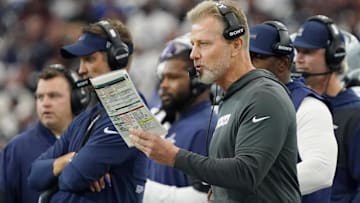 Sep 14, 2025; Arlington, Texas, USA; Dallas Cowboys defensive coordinator Matt Eberflus on the sideline during the first quarter at AT&T Stadium.