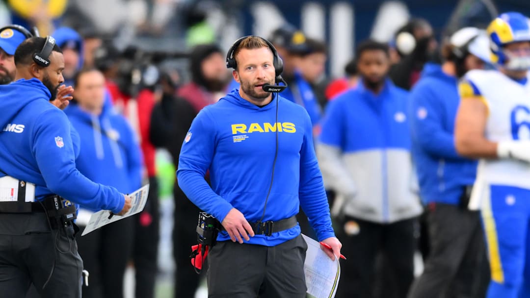 Jan 25, 2026; Seattle, WA, USA; Los Angeles Rams head coach Sean McVay looks on during the first half against the Seattle Seahawks in the 2026 NFC Championship Game at Lumen Field. Mandatory Credit: Steven Bisig-Imagn Images