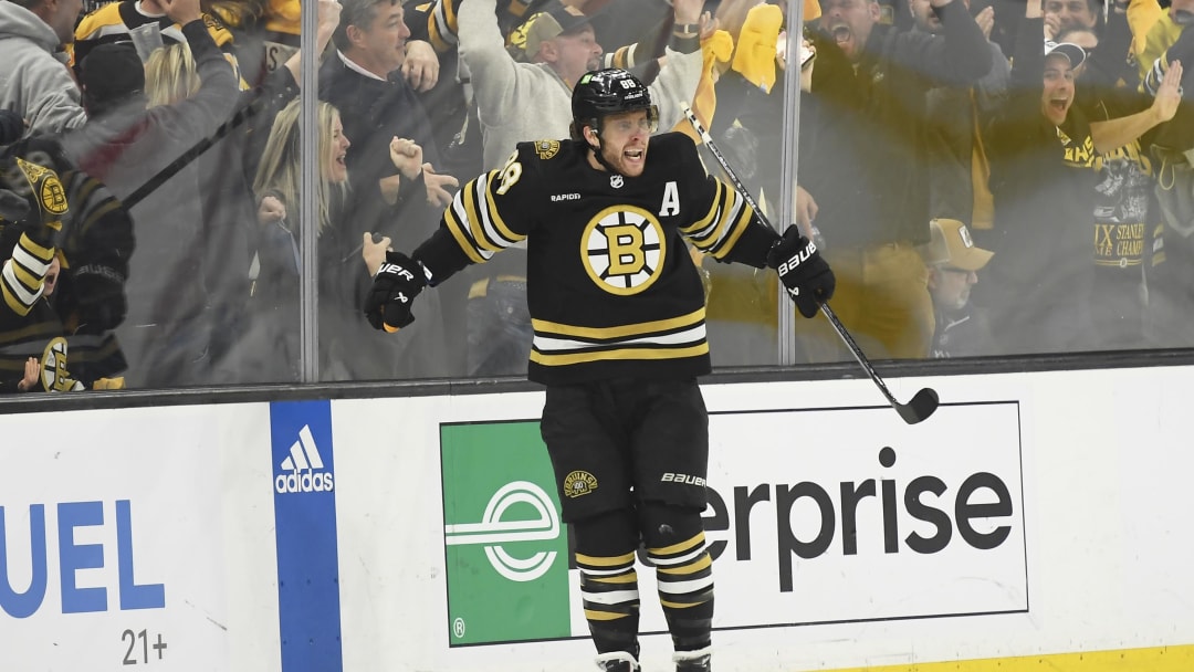 May 4, 2024; Boston, Massachusetts, USA; Boston Bruins right wing David Pastrnak (88) reacts after scoring the game winning goal during overtime in game seven of the first round of the 2024 Stanley Cup Playoffs against the Toronto Maple Leafs at TD Garden. Mandatory Credit: Bob DeChiara-USA TODAY Sports