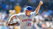 Jul 30, 2025; San Diego, California, USA; New York Mets relief pitcher Brooks Raley (25) throws a pitch during the seventh inning against the San Diego Padres at Petco Park. Mandatory Credit: David Frerker-Imagn Images