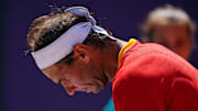 Rafael Nadal reacts to a play vs. Novak Djokovic at the 2024 Paris Olympics.
