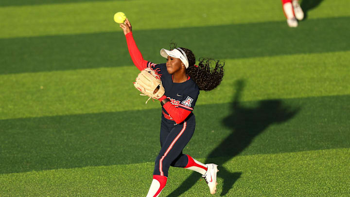 Arizona's Sereniti Trice (00) throws the ball during a Big 12 Conference softball game, Friday, March 13, 2026, at Rocky Johnson Field.