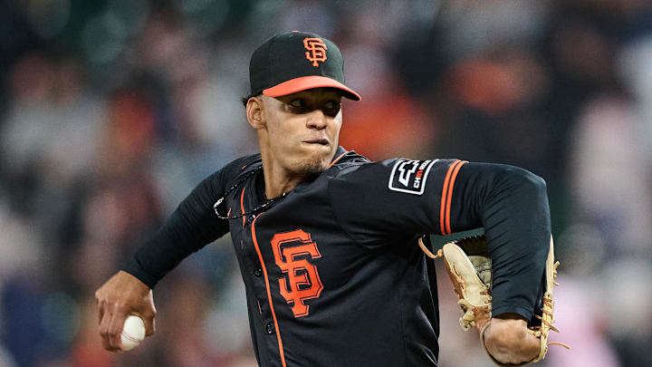 Jun 1, 2024; San Francisco, California, USA; San Francisco Giants relief pitcher Randy Rodriguez (73) throws a pitch against the New York Yankees during the ninth inning at Oracle Park. Mandatory Credit: Robert Edwards-Imagn Images