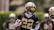 Jun 10, 2025; New Orleans, LA, USA;  New Orleans Saints wide receiver Rashid Shaheed (22) during receiver drills during minicamp at Ochsner Sports Performance Center. Mandatory Credit: Stephen Lew-Imagn Images
