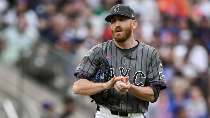 Jun 29, 2024; New York City, New York, USA; New York Mets pitcher Reed Garrett (75) reacts during the eighth inning against the Houston Astros at Citi Field. Mandatory Credit: John Jones-USA TODAY Sports