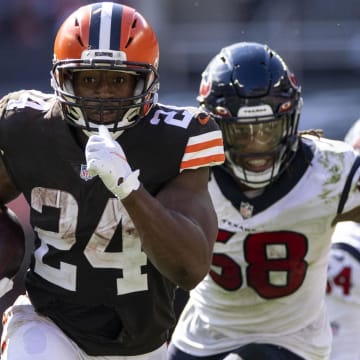 Sep 19, 2021; Cleveland, Ohio, USA; Cleveland Browns running back Nick Chubb (24) runs the ball into the end zone for a touchdown against the Houston Texans during the fourth quarter at FirstEnergy Stadium.