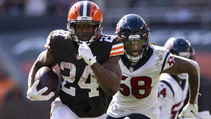 Sep 19, 2021; Cleveland, Ohio, USA; Cleveland Browns running back Nick Chubb (24) runs the ball into the end zone for a touchdown against the Houston Texans during the fourth quarter at FirstEnergy Stadium.