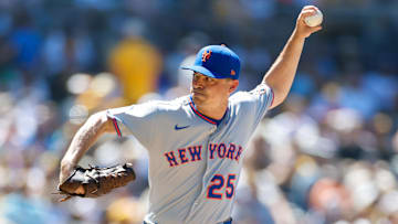 Jul 30, 2025; San Diego, California, USA; New York Mets relief pitcher Brooks Raley (25) throws a pitch during the seventh inning against the San Diego Padres at Petco Park. Mandatory Credit: David Frerker-Imagn Images