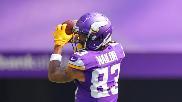 Aug 10, 2024; Minneapolis, Minnesota, USA; Minnesota Vikings wide receiver Jalen Nailor (83) catches a pass against the Las Vegas Raiders in the first quarter at U.S. Bank Stadium. Mandatory Credit: Brad Rempel-USA TODAY Sports